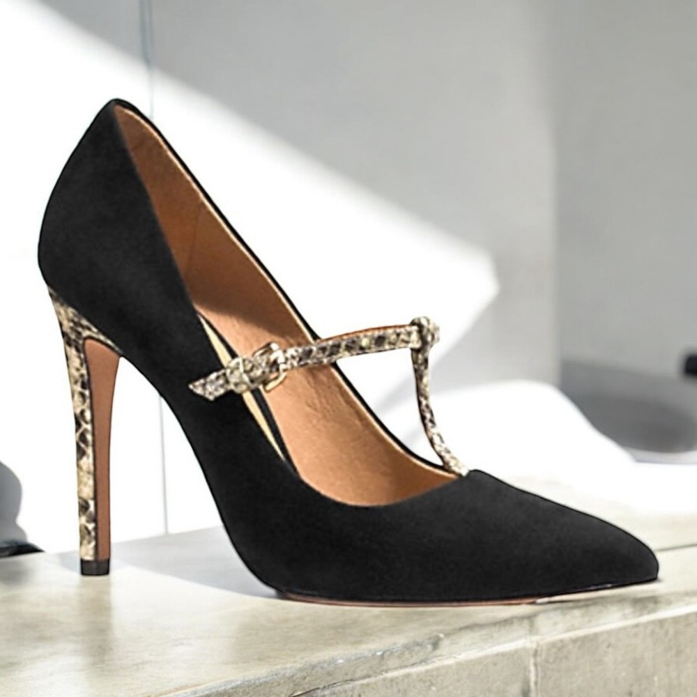 COACH FULTON Black Suede Snakeskin T-Strap Stiletto Pumps Size 11 B - Picture 1 of 12